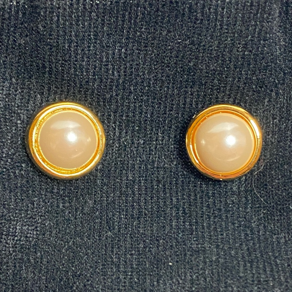 Pearl gold plated frame earrings with backings non clip-on. Size .63”